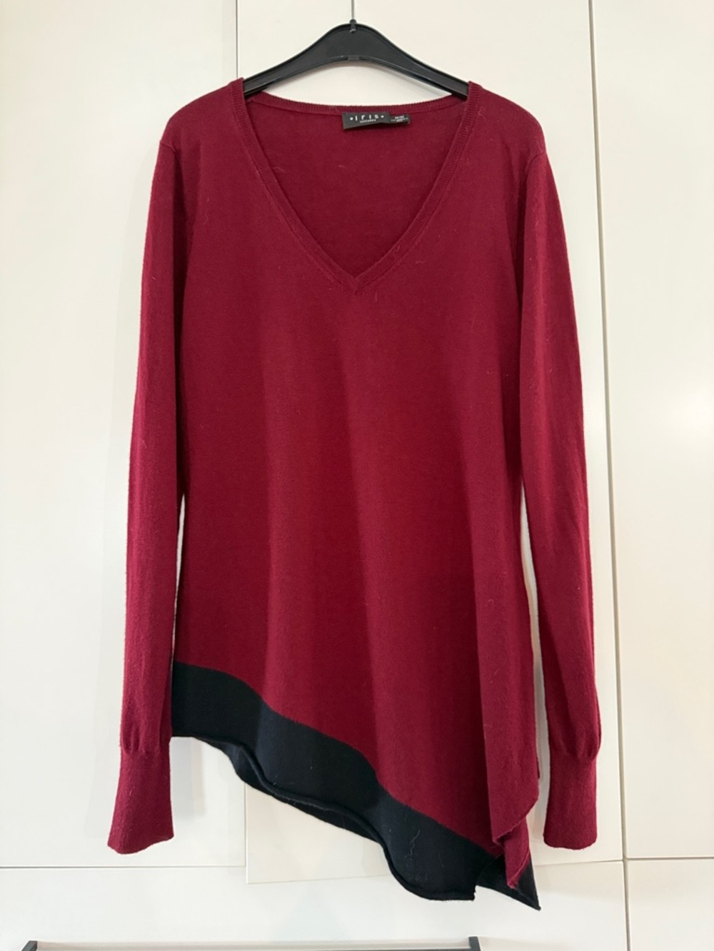 Iris Setlakwe 100% merino wool Wine Red V-Neck Sweater with Black Curved Hem